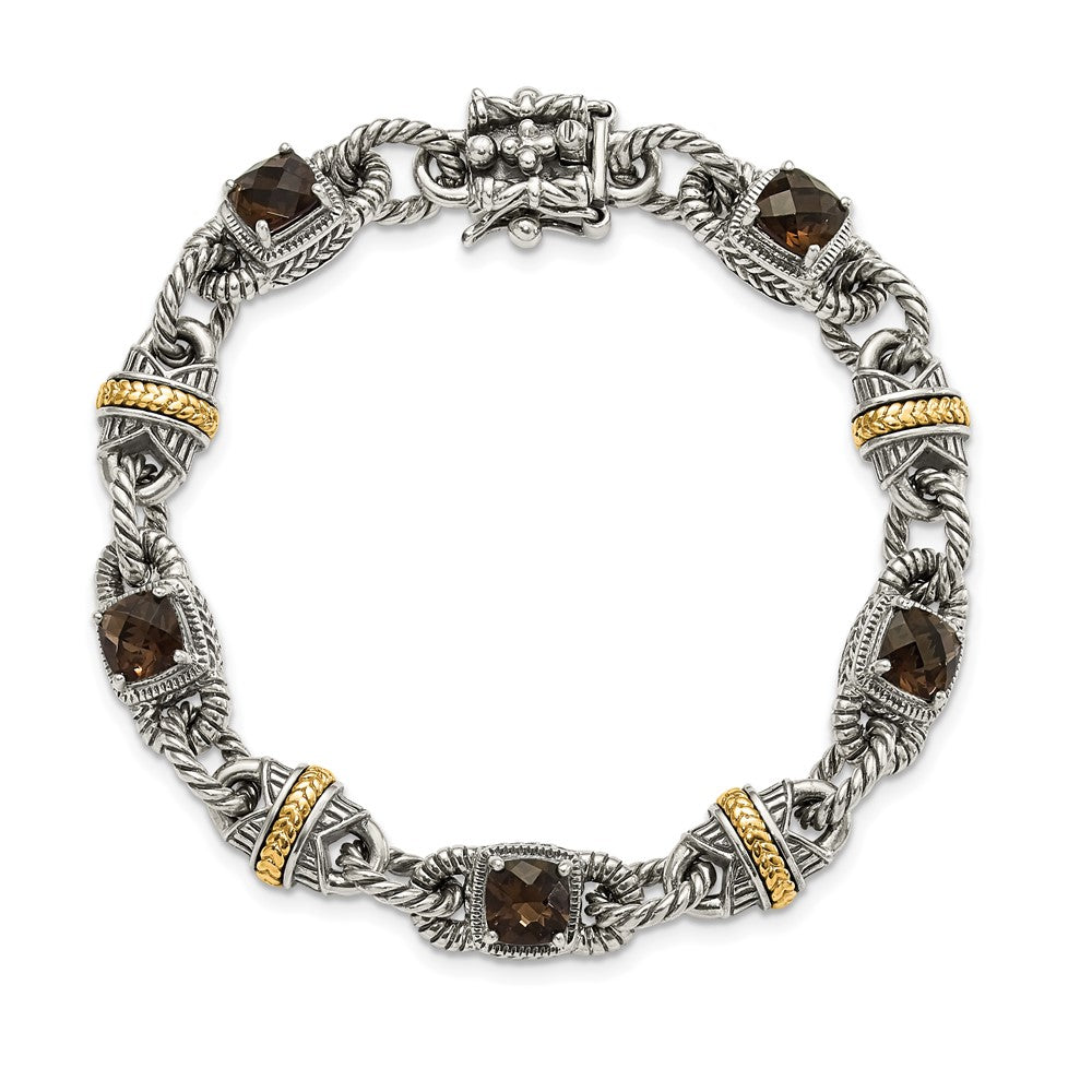 Sterling Silver w/14ky Accent Polished & Antiqued Smoky Quartz Bracelet