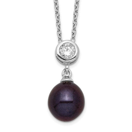 Sterling Silver Rhodium-plated 8-9mm Black Rice Freshwater Cultured Pearl and CZ 17 inch Necklace 17 Inches