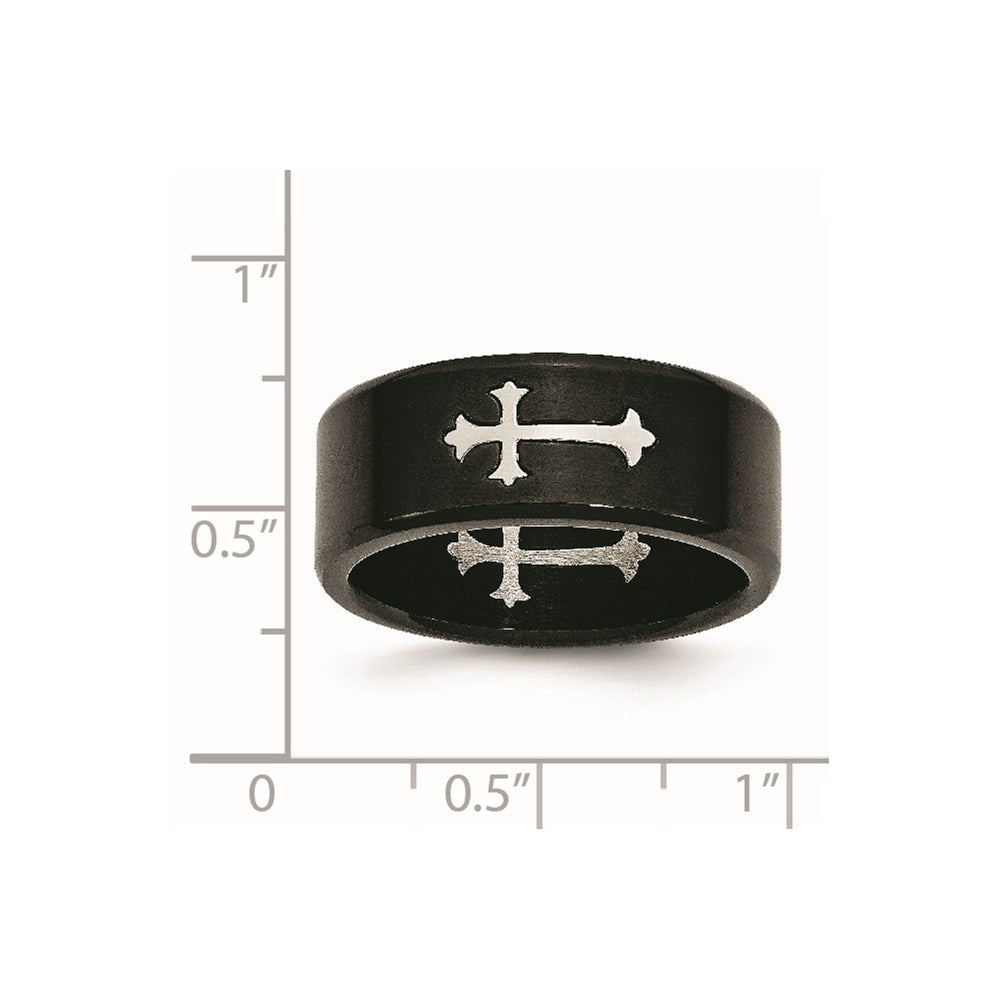 Stainless Steel Brushed Black IP-plated with Cross 9mm Band Size - 10