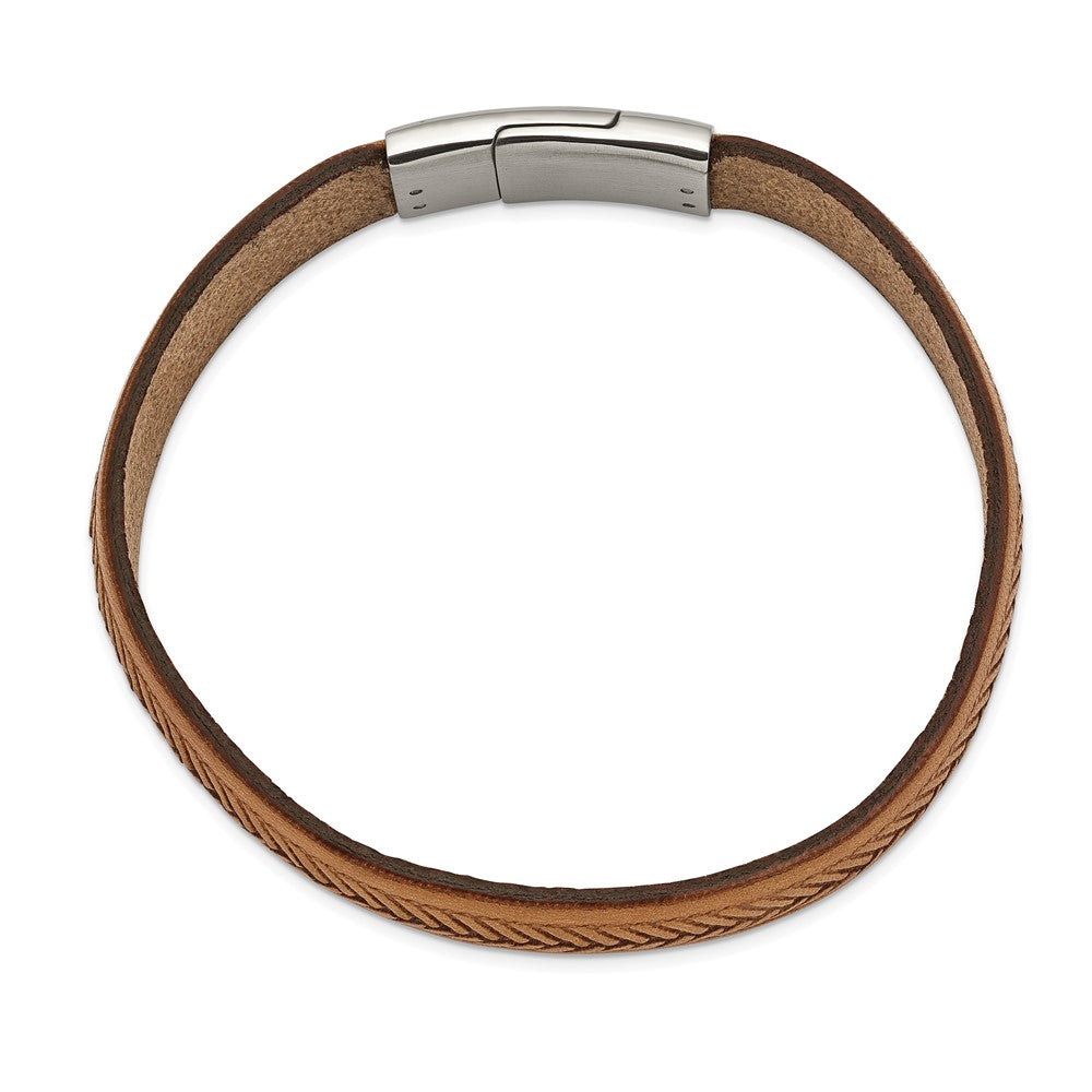 Stainless Steel Polished Tan Italian Leather 8.75in Bracelet 8.75 inches
