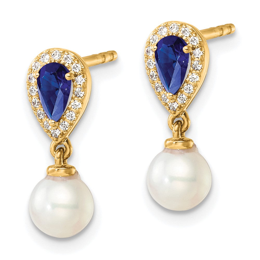 14K Gold Polished Diamond, Pearl & Sapphire Dangle Post Earrings