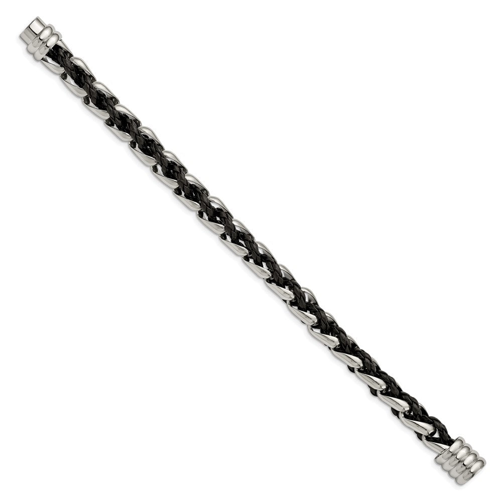 Stainless Steel Polished Black Leather 8.5in Bracelet 8.5 inches