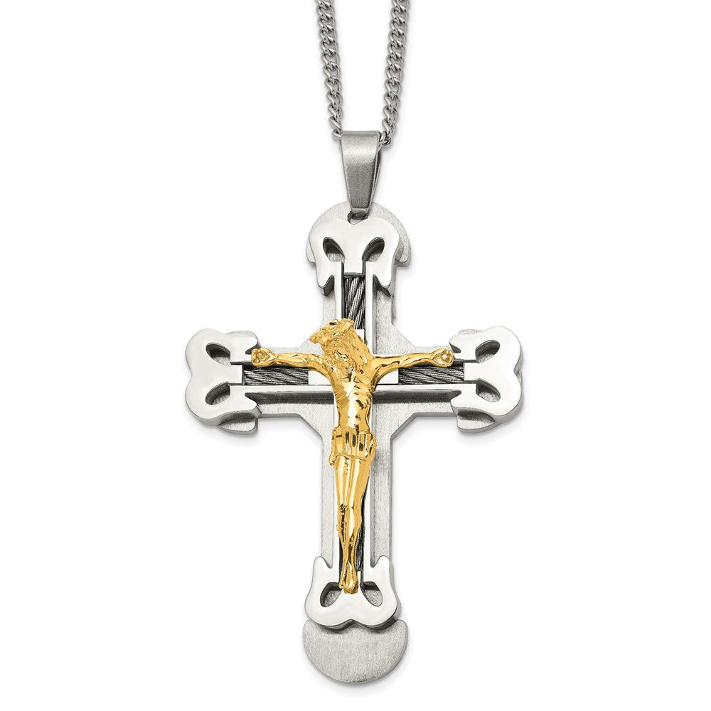 Stainless Steel Brushed & Polished Yellow IP w/Cable Crucifix 24in Necklace