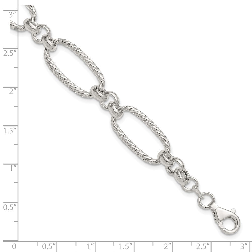 Sterling Silver Polished and Twisted Fancy Oval Link 7.5 inch Bracelet