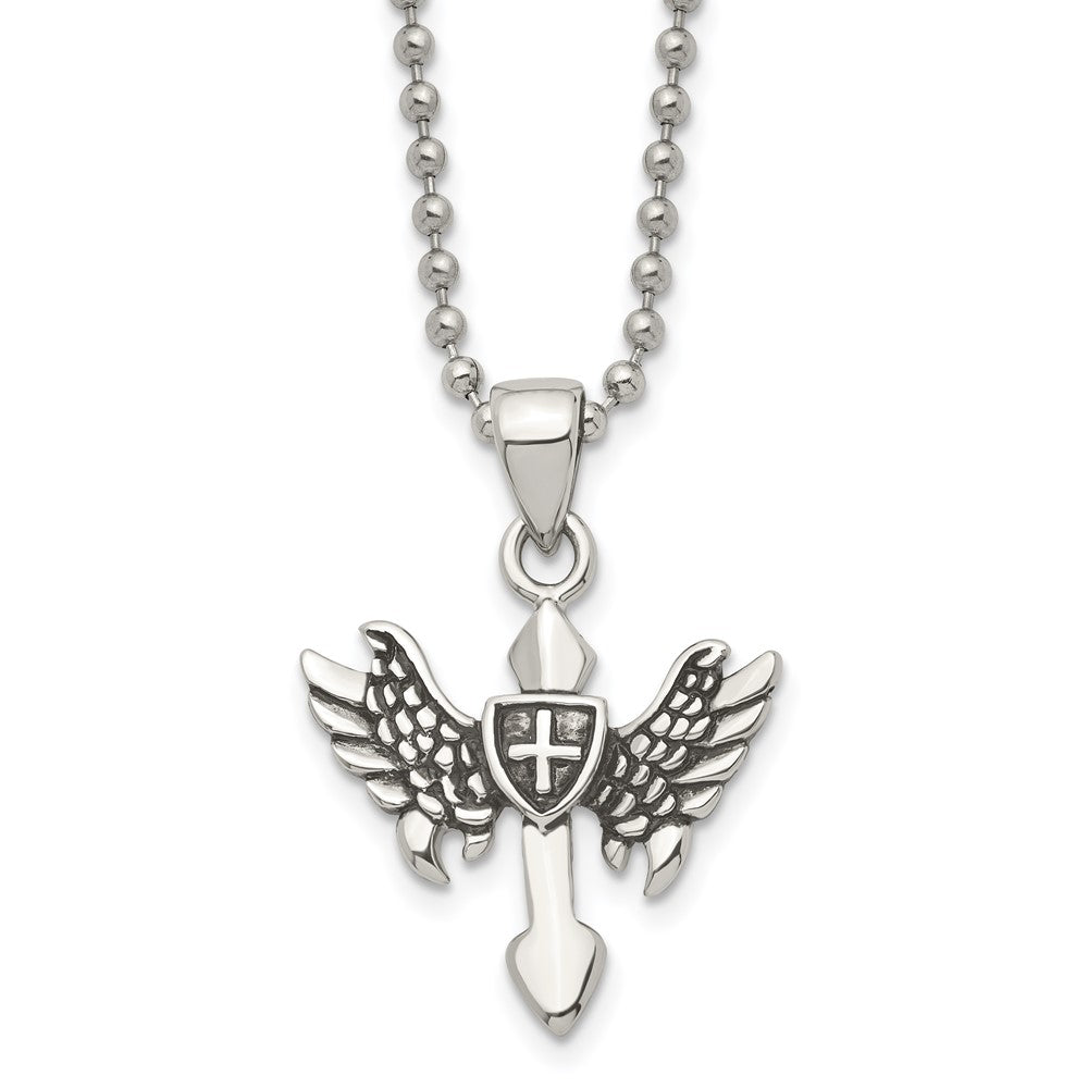 Stainless Steel Antiqued and Polished Cross with Wings 20in Necklace