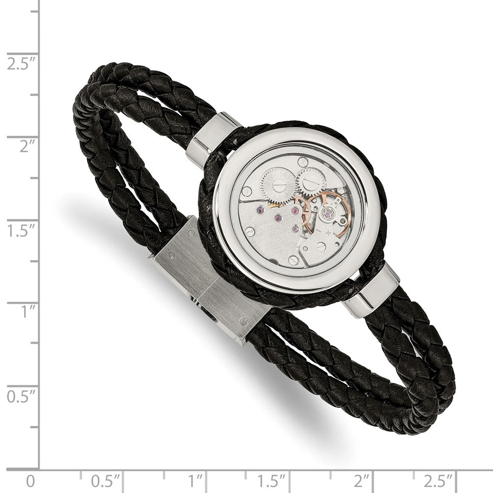 Stainless Steel Brushed & Polished Yellow IP w/CZ & Leather 8.5in Bracelet 8.5 inches