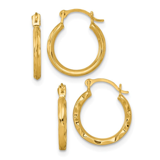 10k Diamond-cut and Textured Set of Two Pairs Hoop Earrings