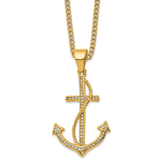Stainless Steel Polished Yellow IP-plated Crystal Anchor 24in Necklace