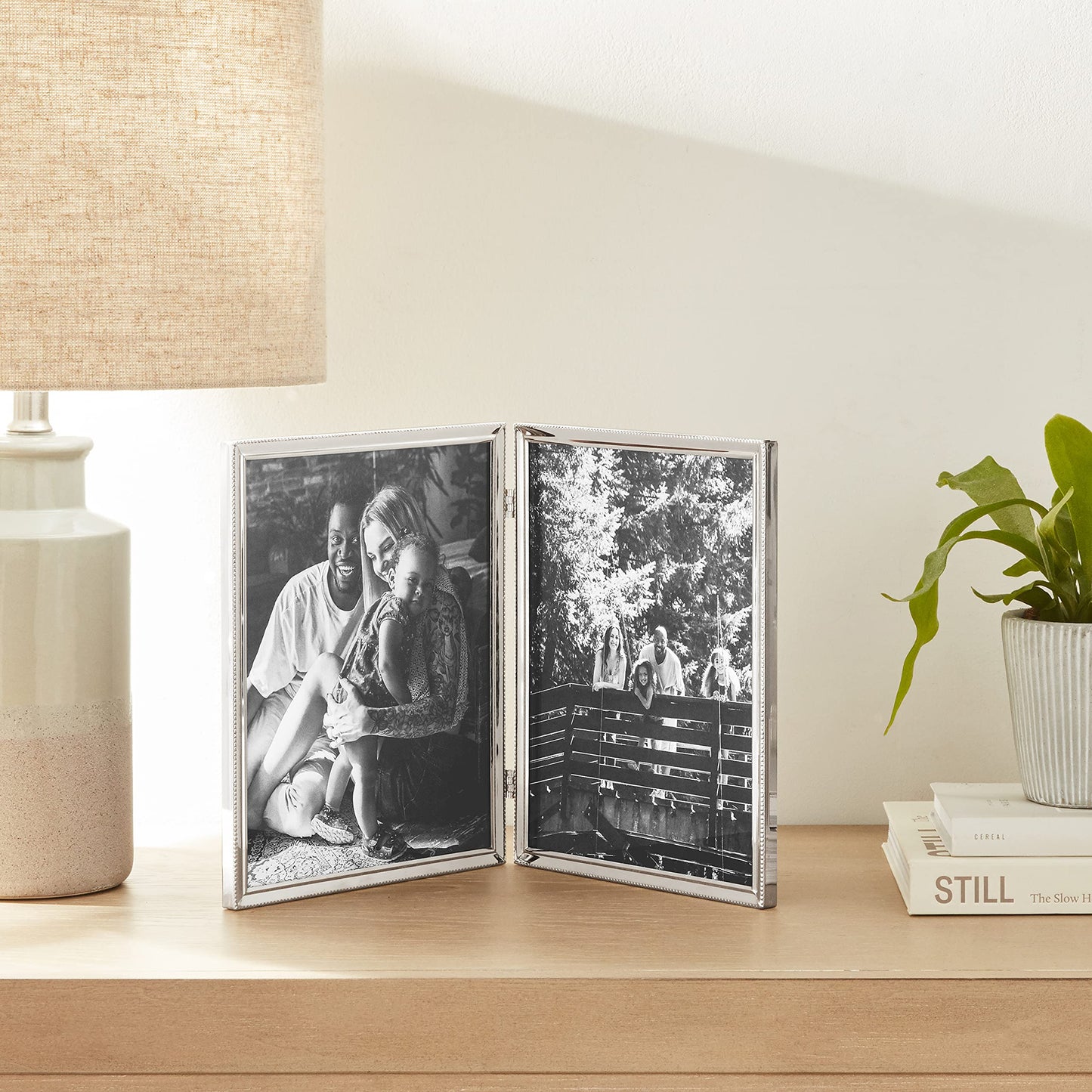 Lawrence Frames Polished Silver Plate 8x10 Hinged Double Picture Frame - Bead Border Design