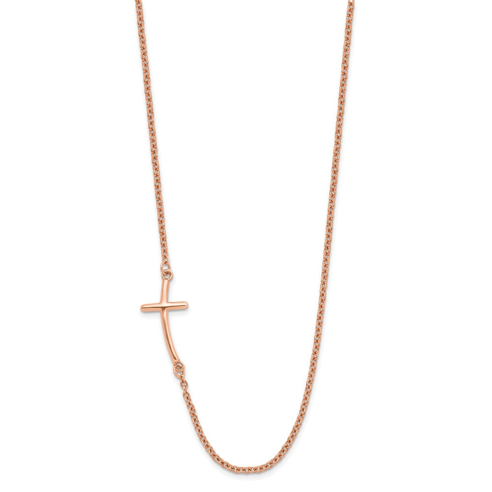 Sterling Silver RG-plated Large Off-Set Sideways Curved Cross Necklace 19 Inches