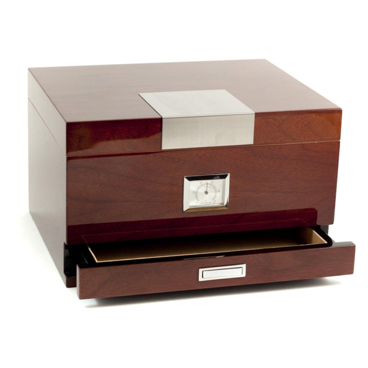 Lacquered Walnut Finish Wood 60-Cigar Humidor with Accessory Drawer Spanish Cedar Lining Humistat and External Hygrometer QGM8871