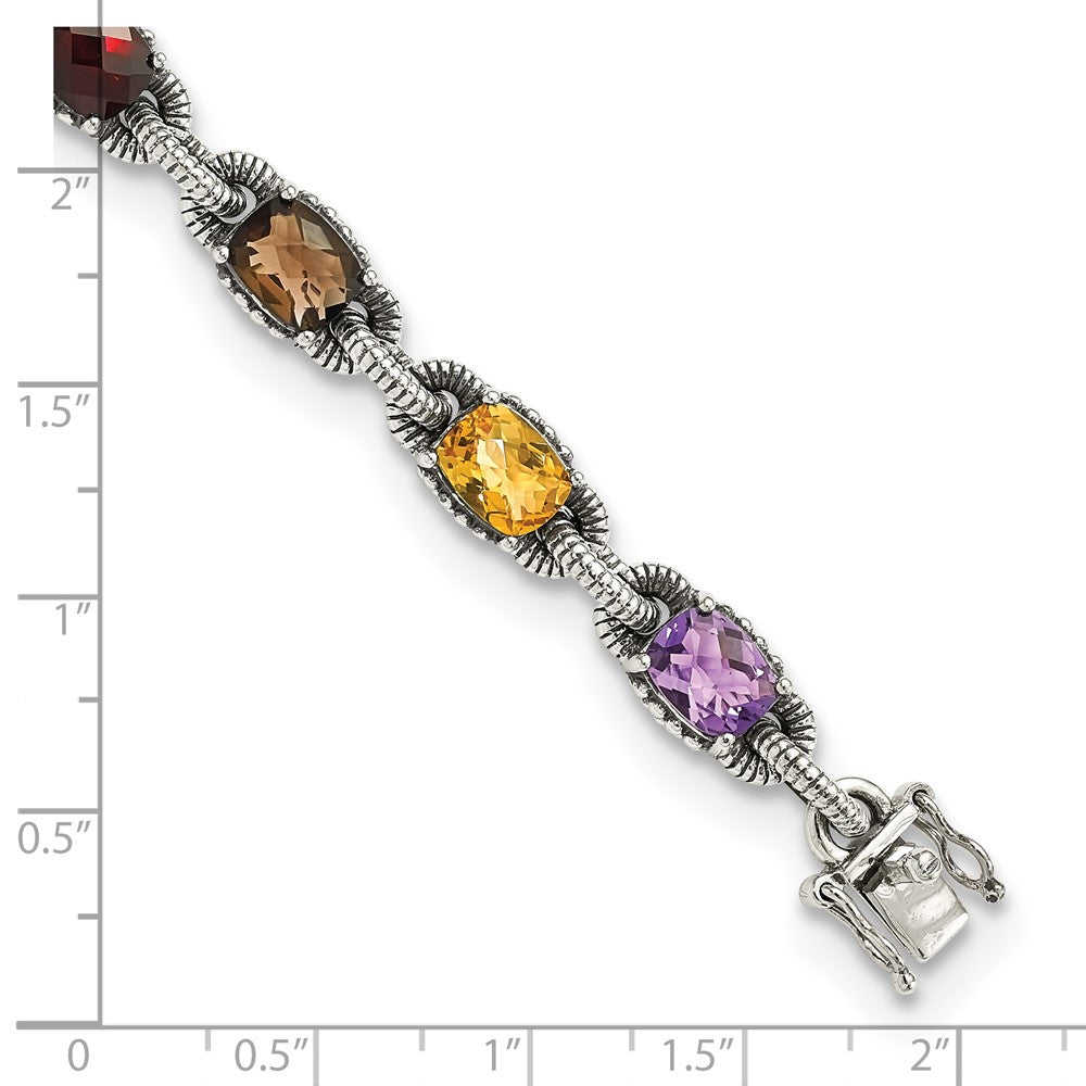 Shey Couture Sterling Silver 7.25 Inch Antiqued Cushion .86Amethyst/.86Citrine/1.10Garnet/.55Peridot/.86Smoky Quartz Bracelet 7.25 inches