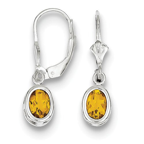 Sterling Silver Rhodium Plated 7x5mm Oval Citrine Leverback Earrings