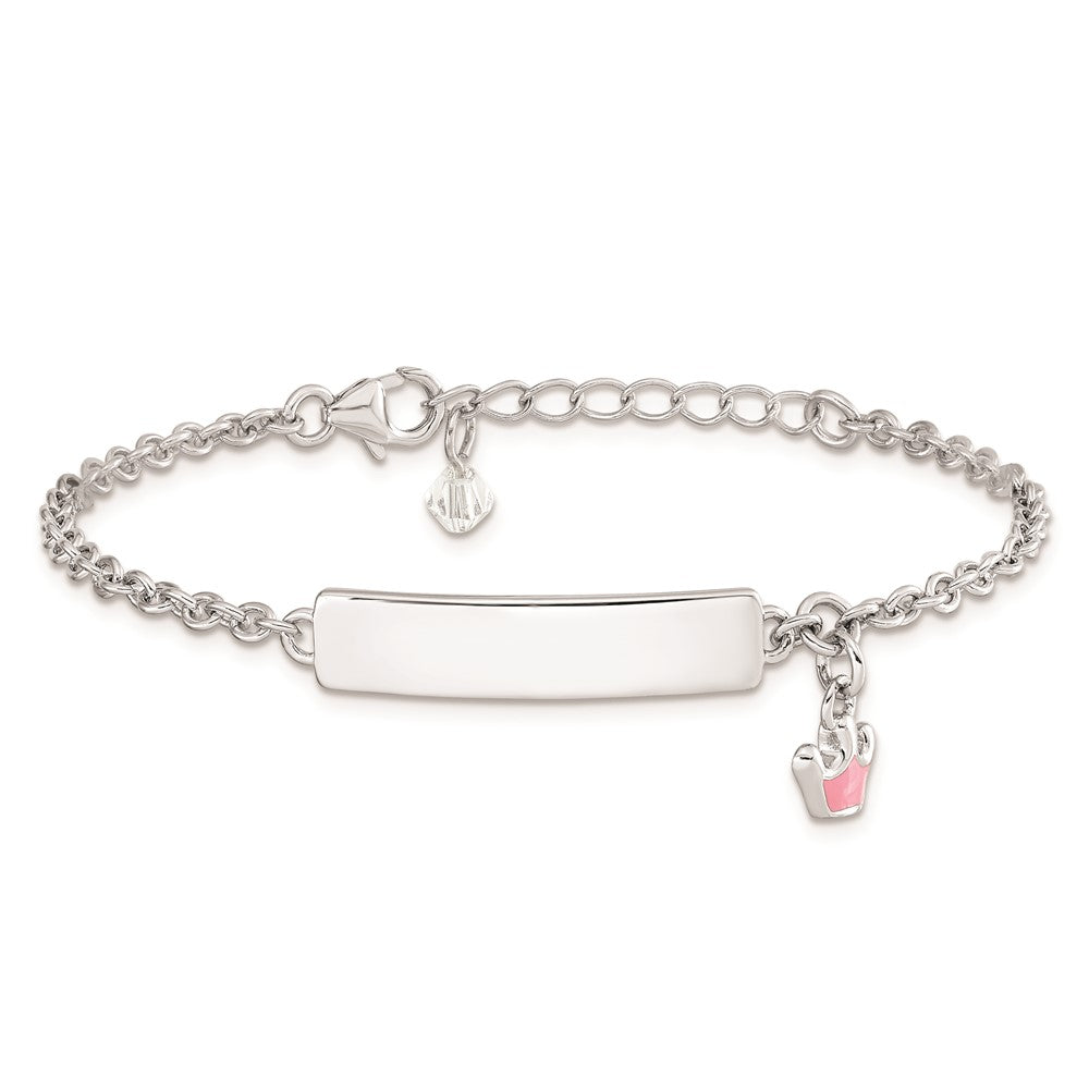 Sterling Silver Rhodium-plated Polished & Pink Enameled Crown with 1 Inch Extension Children's ID Bracelet 7 inches