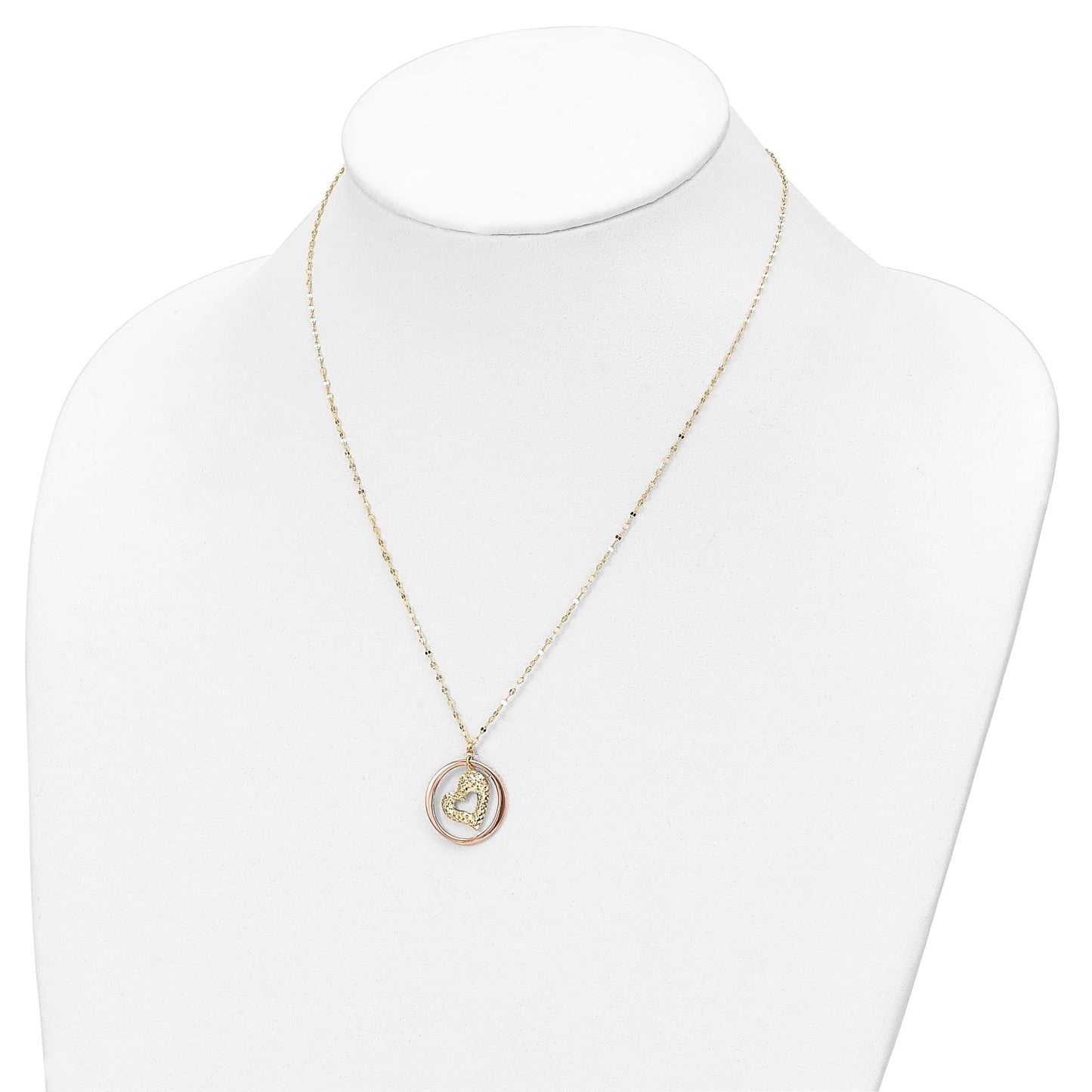 14K Two Tone Fancy Link D/C Heart in Open Circle Necklace