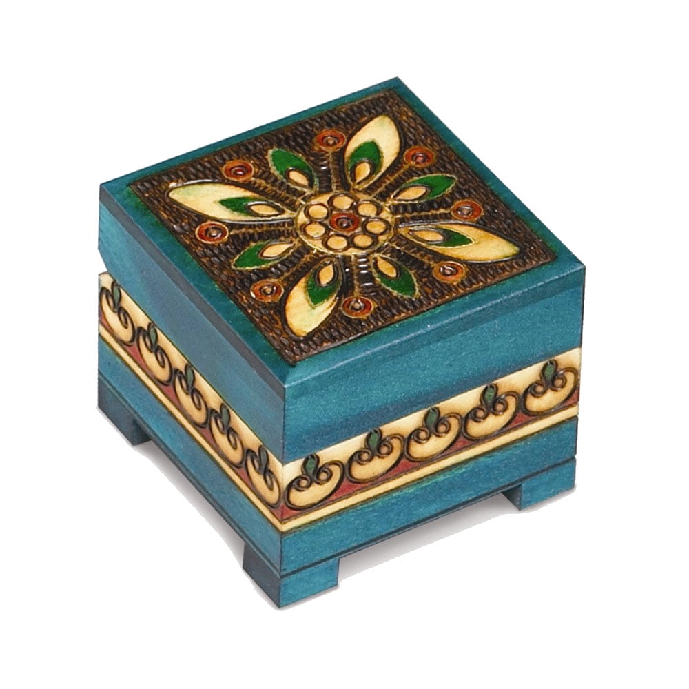 Handcrafted Solid Wood Carved and Painted Blue Keepsake Box GM8516