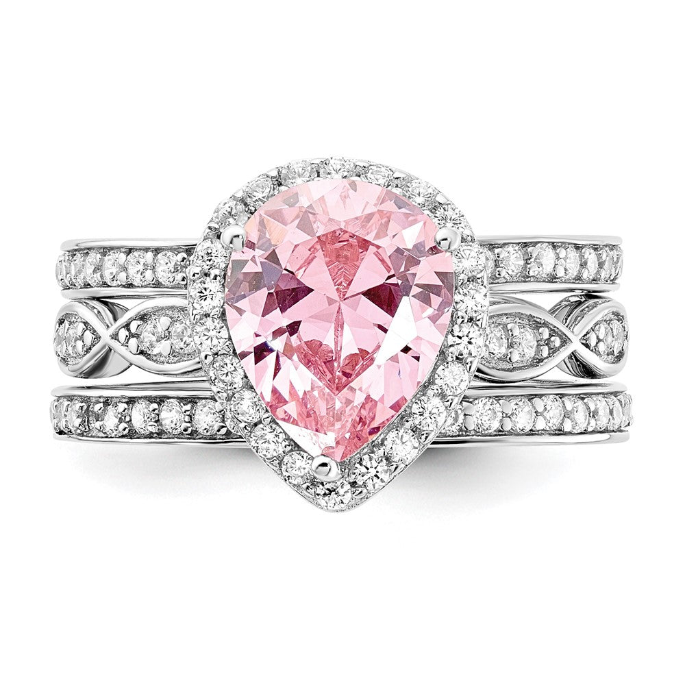 Cheryl M Sterling Silver Rhodium-plated Polished Pink and White CZ Halo Teardrop 3 Ring Set