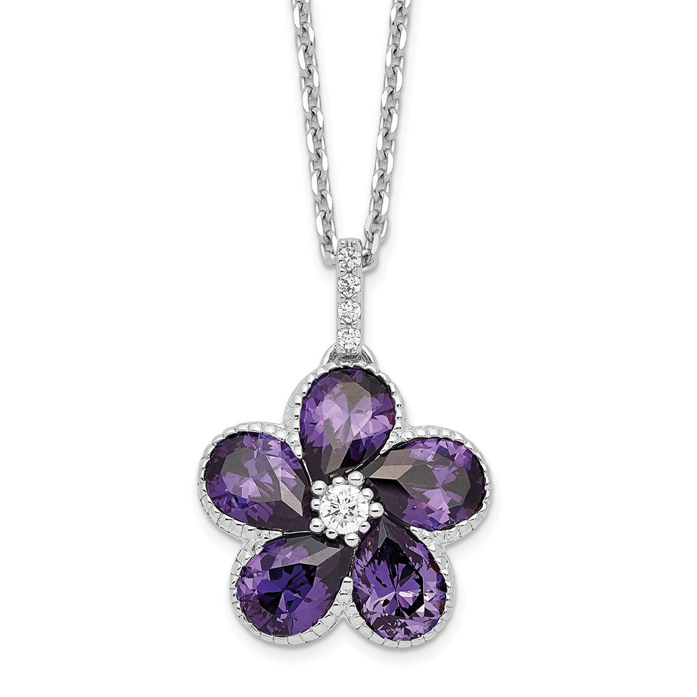 Cheryl M Sterling Silver Rhodium-plated Purple and White Brilliant-cut CZ Flower 16 Inch Necklace with 2 Inch Extender 16 Inches
