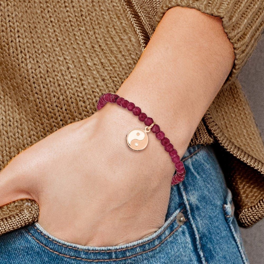 Stainless Steel Polished & Satin Rose IP YingYang Red Jade Stretch Bracelet 6 inches
