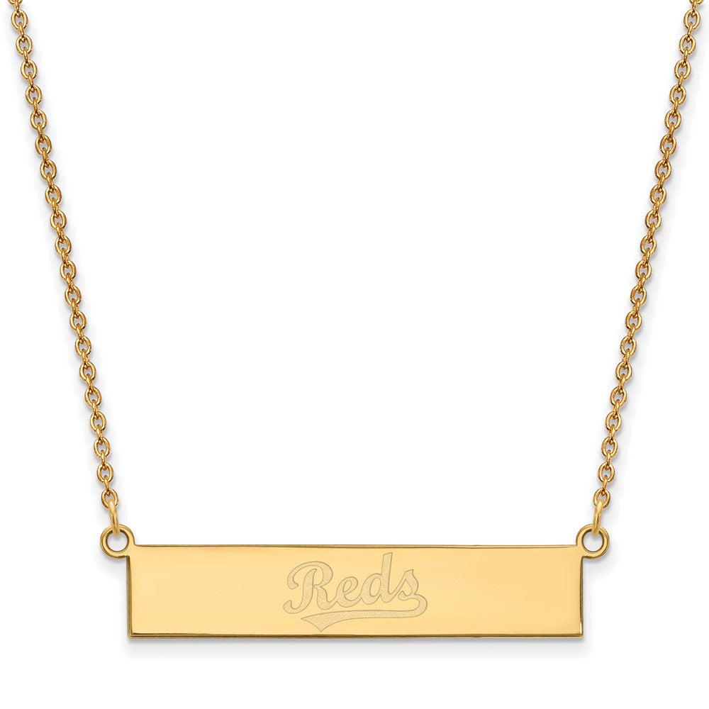 Sterling Silver Gold-plated MLB LogoArt Cincinnati Reds Team Script Small Bar 18 inch Necklace