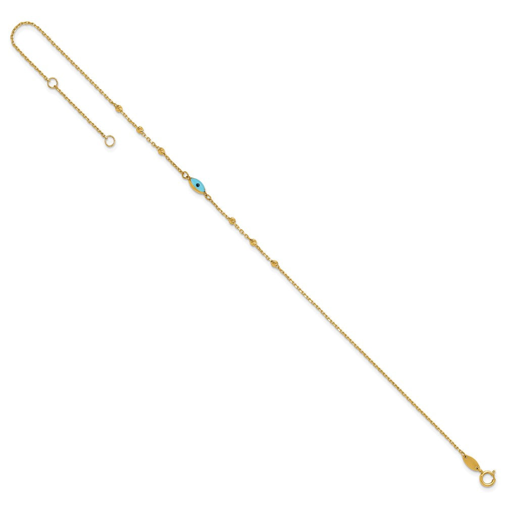 14k Diamond-cut Bead Stations Blue Glass Evil Eye 9 inch with 1 inch Extender Anklet