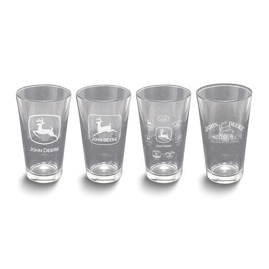 John Deere 6904 White Etched 16 ounce Set of Four Glasses Set with Different Designs