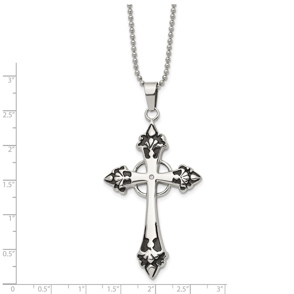 Stainless Steel Polished Enameled w/.01ct Diamond Cross 24in Necklace