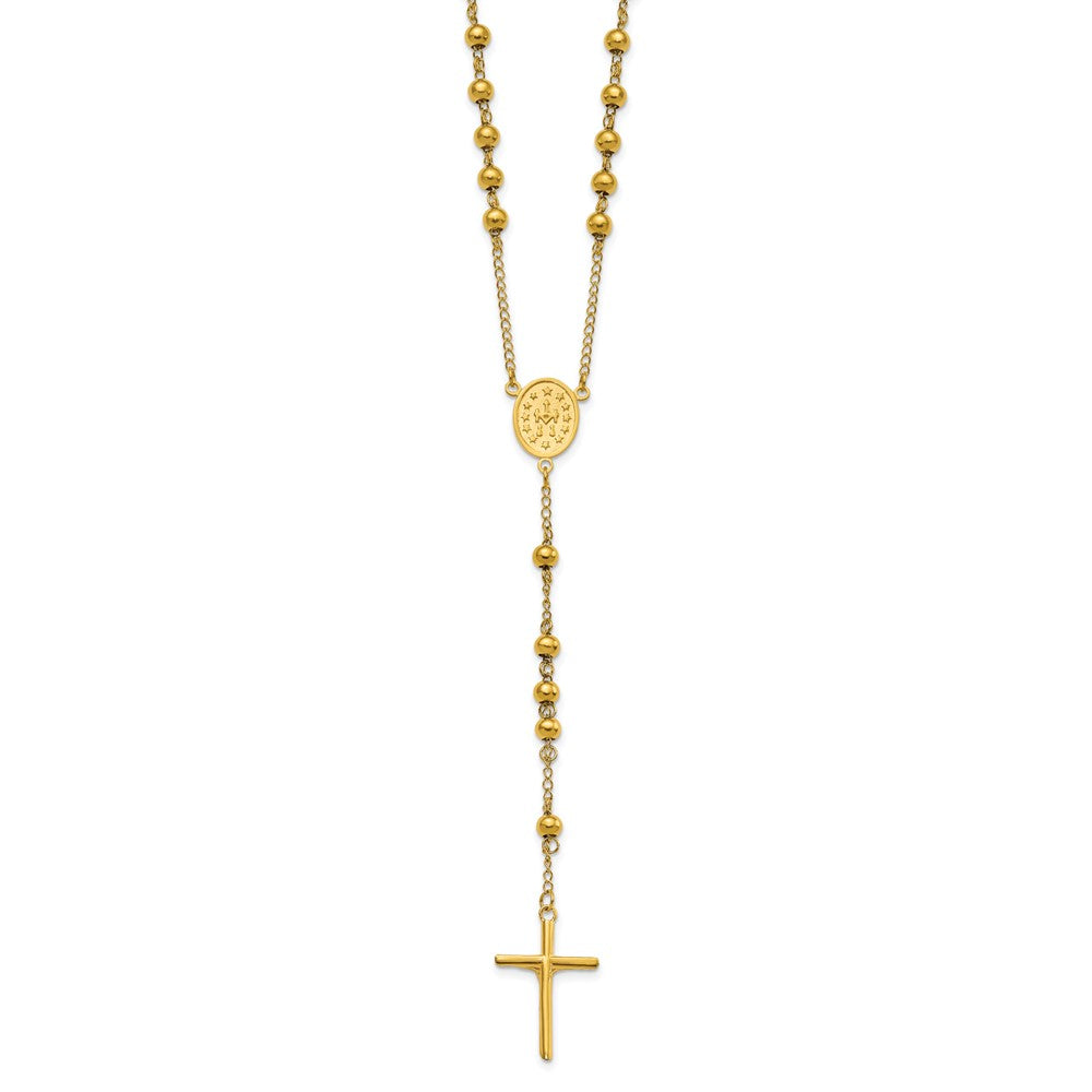 Stainless Steel Polished Yellow IP-plated Beaded Rosary 30 inch Necklace