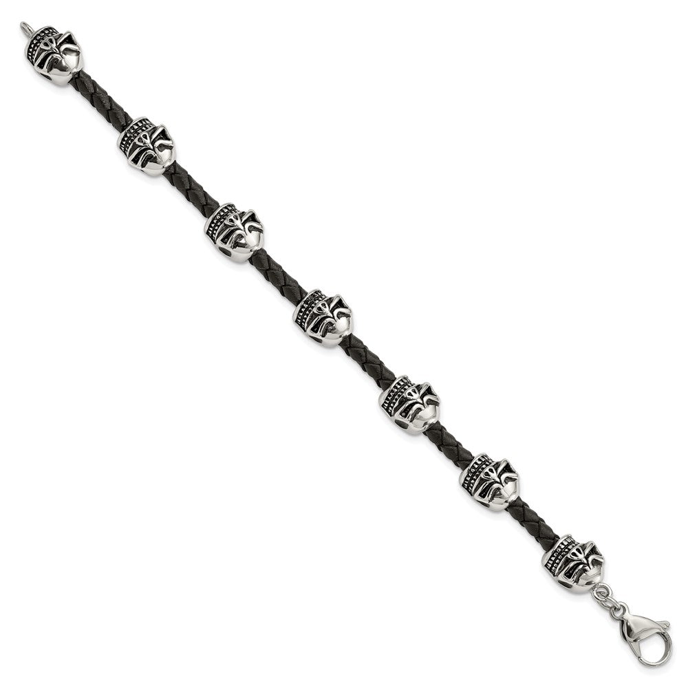 Stainless Steel Antiqued and Polished Skulls Leather 8.5in Bracelet 8.5 inches