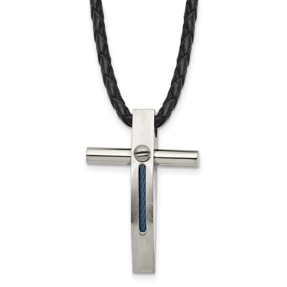 Stainless Steel Brushed & Polished Blue IP Cable Cross 18in Leather Necklac