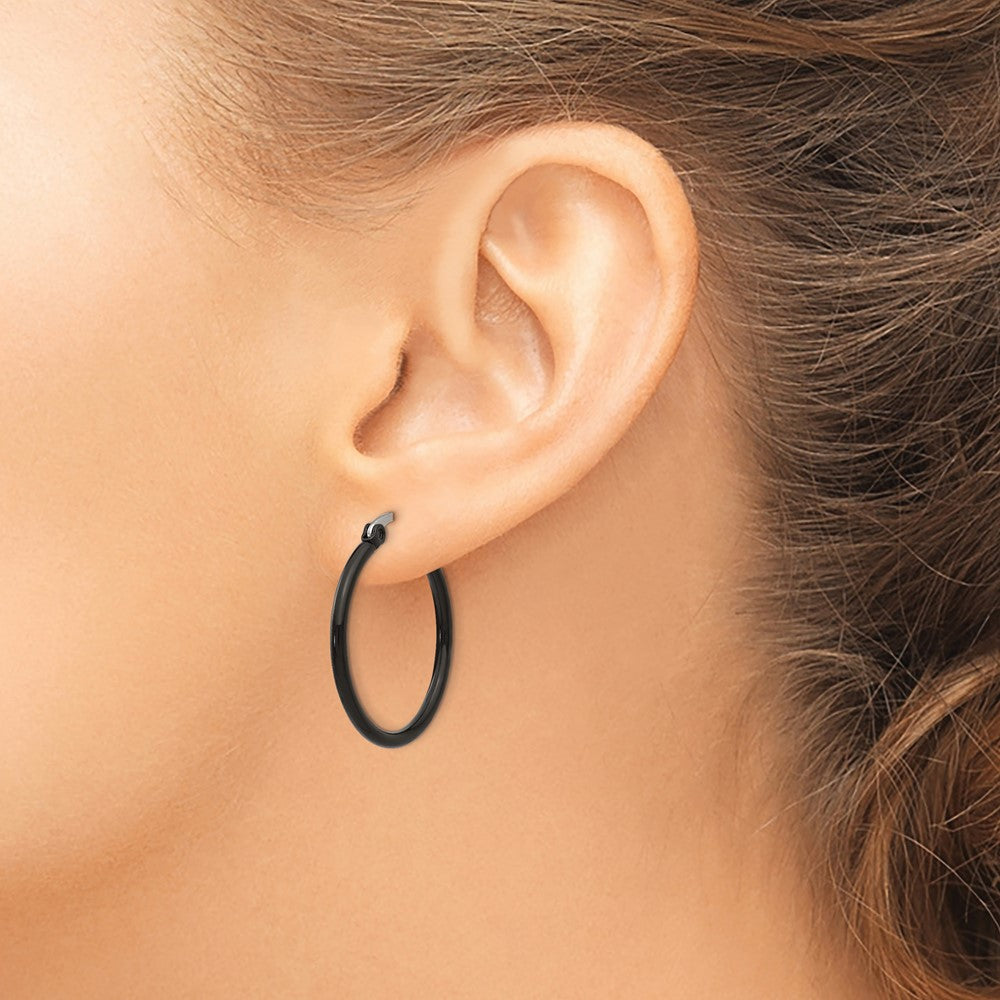 Stainless Steel Polished Black IP-plated 26mm Diameter Hoop Earrings