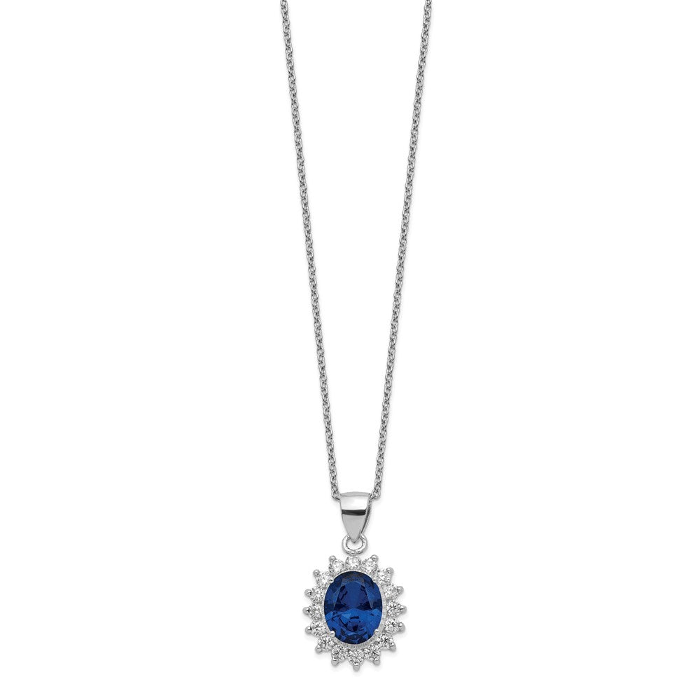 Cheryl M Sterling Silver Rhodium-plated Brilliant-cut Lab Created Dark Blue Spinel and Brilliant-cut White CZ Oval Halo 18 Inch Necklace 18 Inches