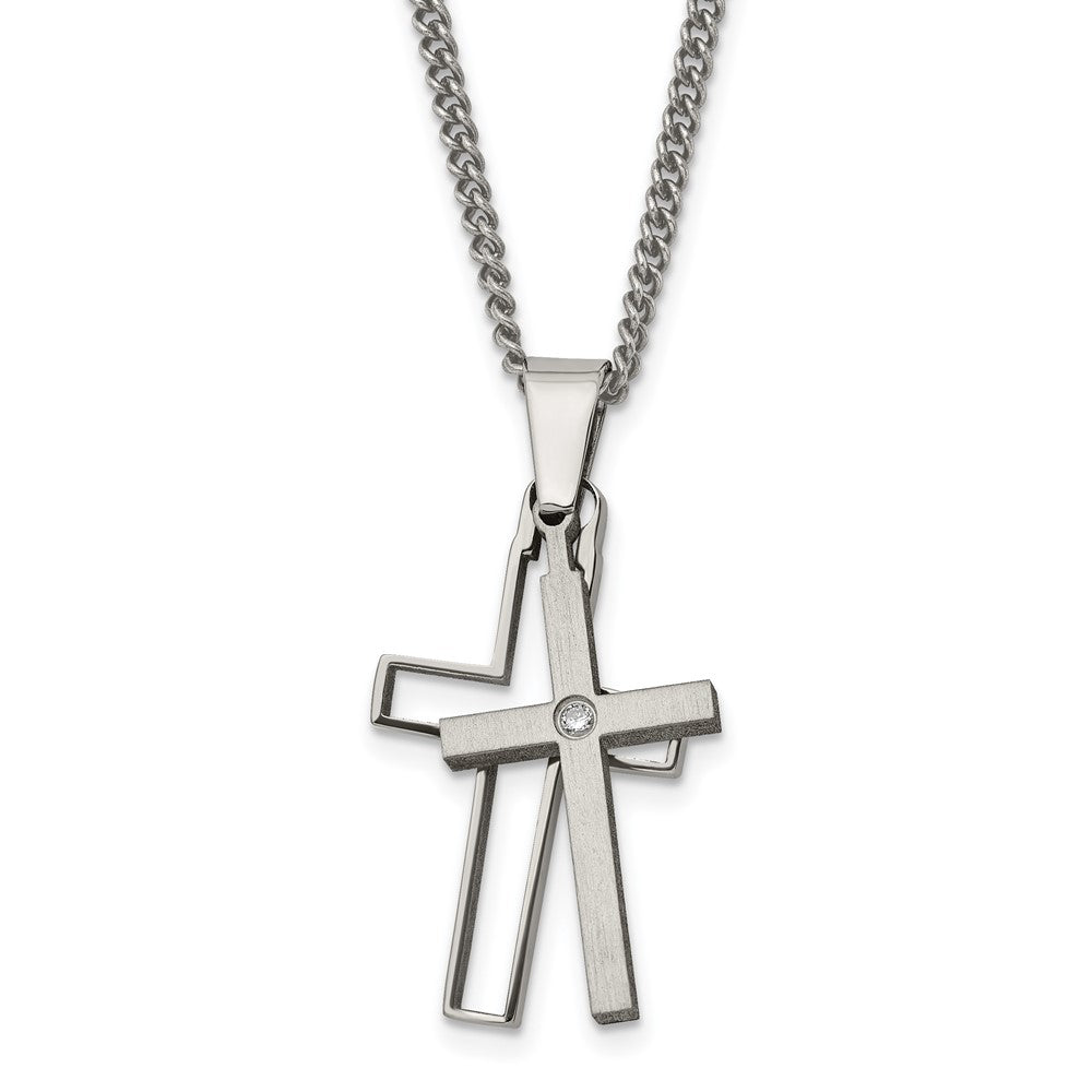 Titanium Brushed and Polished w/.03ct Diamond Cross 22in Necklace