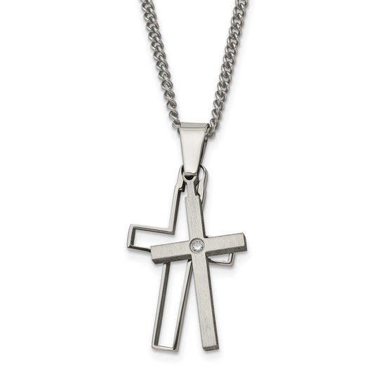 Titanium Brushed and Polished w/.03ct Diamond Cross 22in Necklace