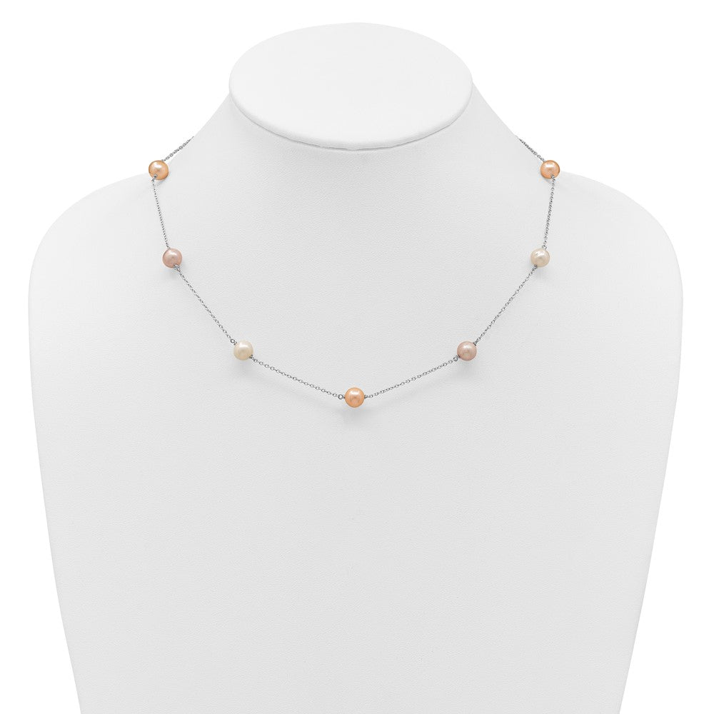 Sterling Silver Rhodium-plated 7-8mm White, Pink and Purple Near-Round Freshwater Cultured Pearl 9-Station 18 inch Necklace 18 Inches