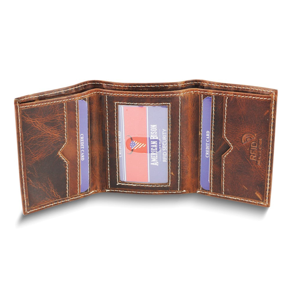 Brown Oiled Leather RFID Blocking Slim 6-Slot Trifold Wallet with ID Window
