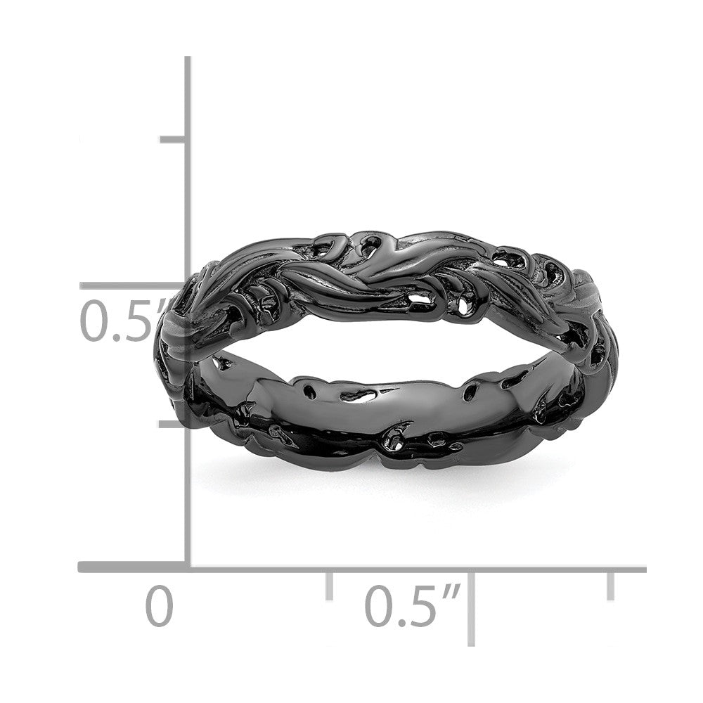 Sterling Silver Stackable Expressions Black-plated Carved Band Size -7