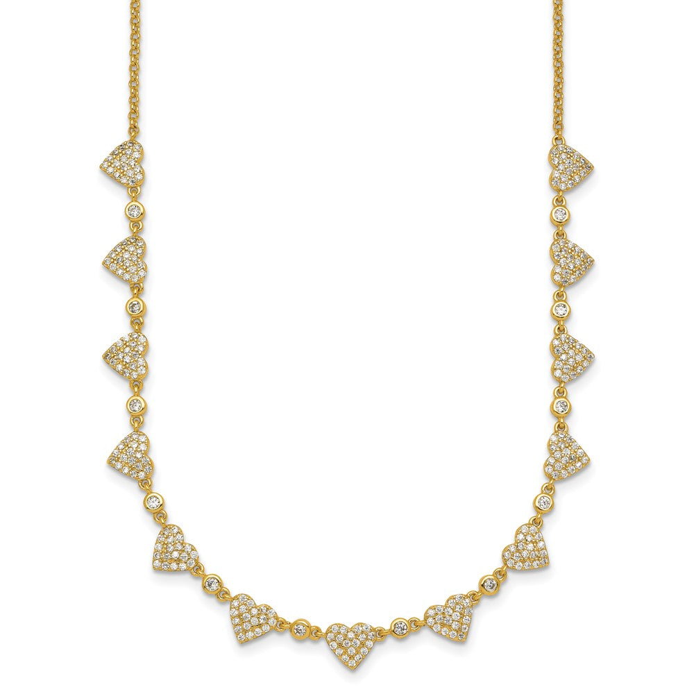 Sterling Silver Gold-tone Polished Pave CZ Hearts 16 Inch with 2 Inch Extension Necklace 16 Inches