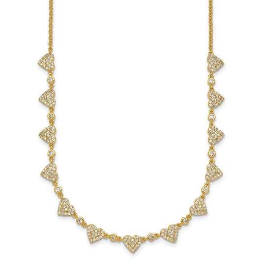 Sterling Silver Gold-tone Polished Pave CZ Hearts 16 Inch with 2 Inch Extension Necklace 16 Inches