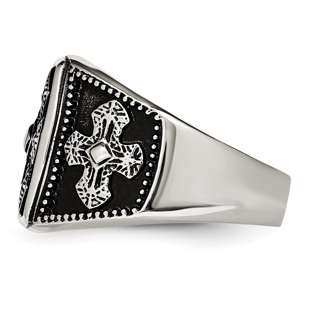 Stainless Steel Antiqued Polished & Textured Cross Ring Size - 10