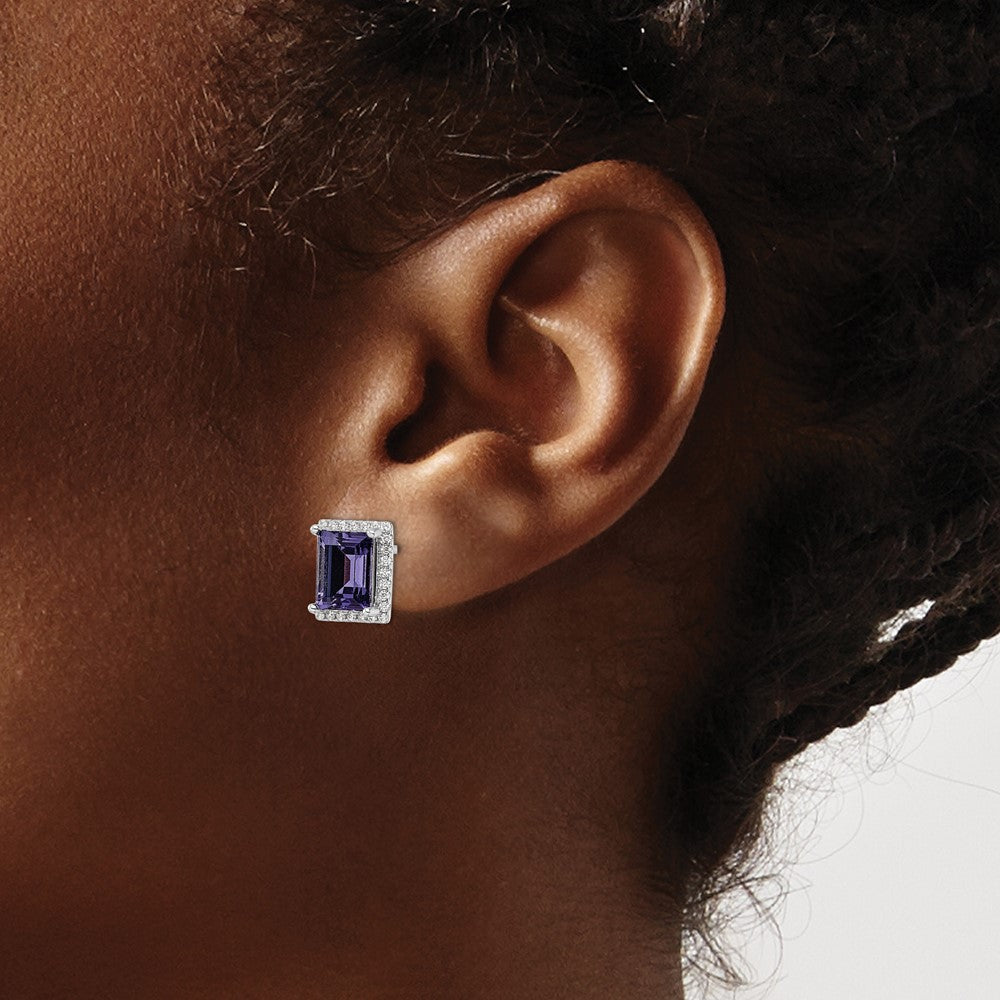 Sterling Silver Rhodium-plated CZ & Purple Crystal Post Earrings