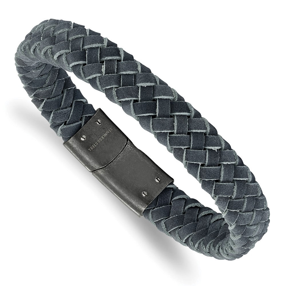 Stainless Steel Brushed Grey Leather Braided 8.5in Bracelet 8.5 inches