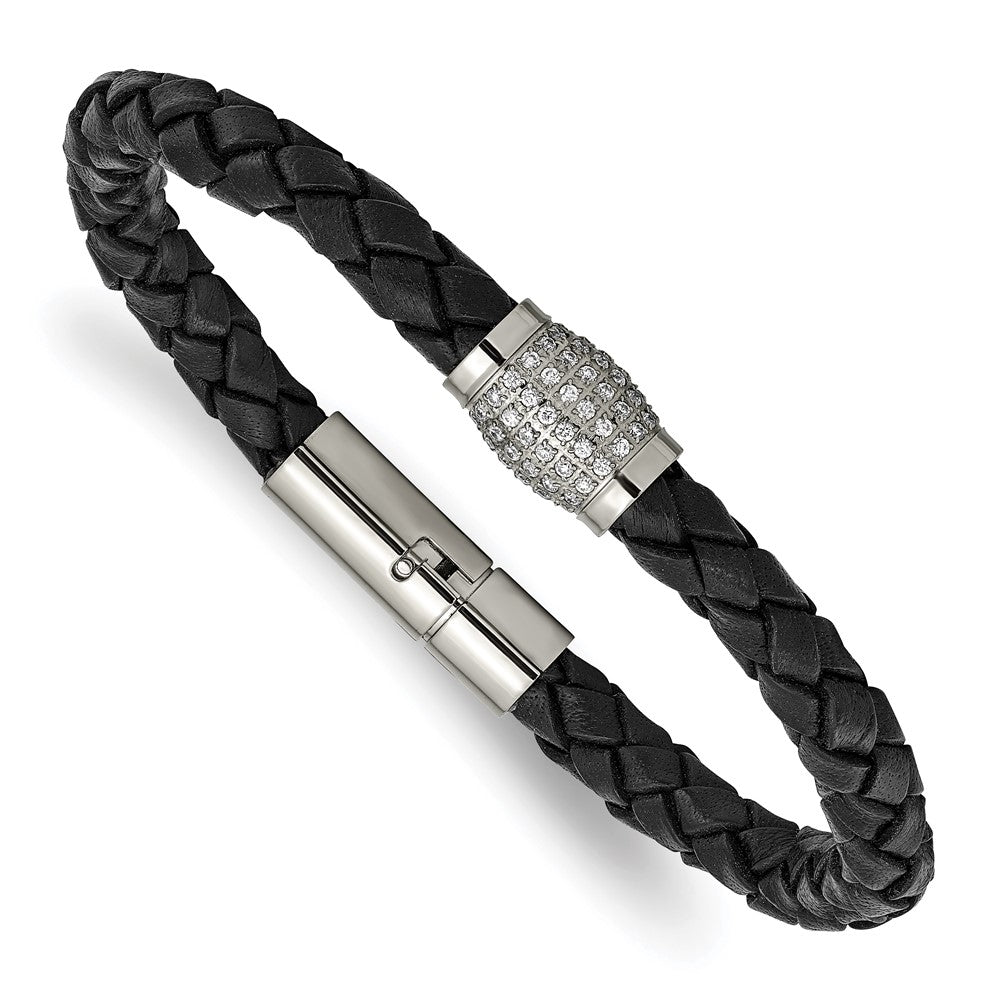 Titanium Polished w/CZ Black Leather Bracelet 7.25 inches