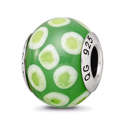 Sterling Silver Reflections Green/White Italian Murano Glass Bead