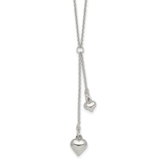 Sterling Silver Polished Two Heart Lariat Necklace 16 Inches
