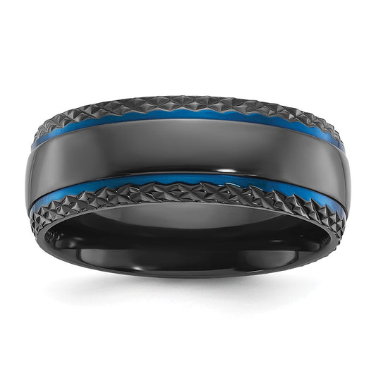 Chisel Black Zirconium Polished Blue IP-plated with Textured Edge 8mm Band Size - 9.5
