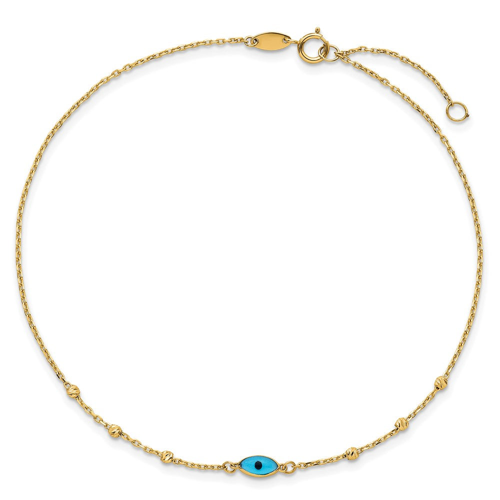 14k Diamond-cut Bead Stations Blue Glass Evil Eye 9 inch with 1 inch Extender Anklet