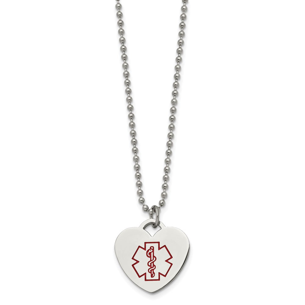 Stainless Steel Polished w/Red Enamel Heart Medical ID 22in Necklace