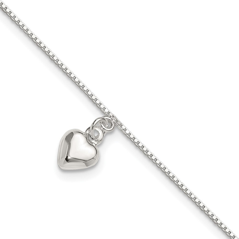 Sterling Silver 10inch Polished Puffed Heart Anklet 10 inches