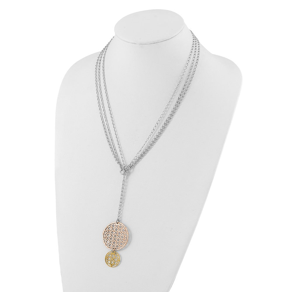 Sterling Silver w/ Yellow & Rose-tone Rhodium-plated Textured Circles Drop Necklace